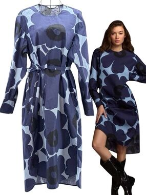 NEW Anthropologie Marimekko Navy and Light Blue Floral Long Sleeve Dress Size XS